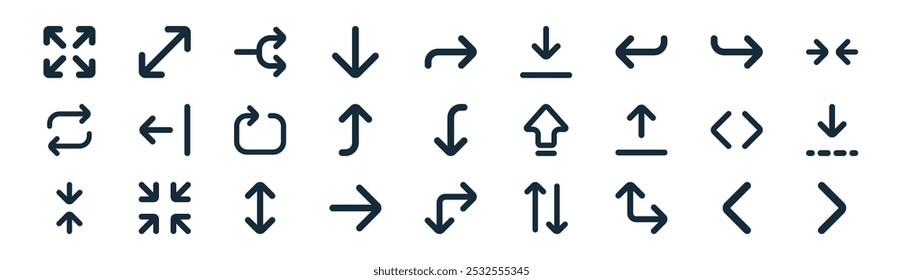 linear arrow icon pack. vector thin line left chevron, diagonal arrow, split, down right arrow, up left down down right right chevron icons suitable for apps and websites ui designs