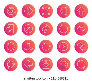 Linear Arrow icons. Set of Download, Synchronize and Recycle signs. Undo, Refresh and Login symbols. Sign out, Next and Upload. Universal Arrow elements. Trendy gradient circle buttons. Vector