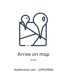 Linear arrow on map icon from Maps and locations outline collection. Thin line arrow on map icon isolated on white background. arrow on map trendy illustration