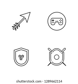 Linear Arrow, Shield, Game, Shield Vector Illustration Of 4 outline Icons. Editable Pack Of Arrow, Shield, Game, Shield