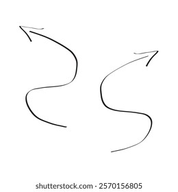 Linear arrows handwritten like a snake, vector lines left and right, isolated on a white background