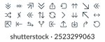 linear arrows icon pack. vector thin line right arrow, minimize, turn right, diagonal arrow, up and down arrows, left and right arrows, log in, refresh arrow icons suitable for apps and websites ui