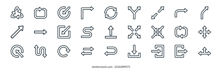 linear arrows icon pack. vector thin line log out, repeat, target, turn right, route, movement, return, t junction icons suitable for apps and websites ui designs