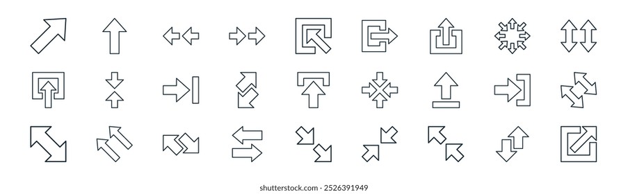 ícone de setas lineares pack. vetor linha fina para cima e para baixo setas, seta para cima, setas para a esquerda, todas as direções, esquerda e direita esquerda e direita seta direita para a direita, logout ícones adequados para aplicativos sites ui