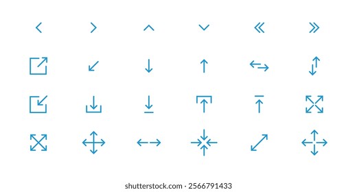 linear arrows icon pack. vector thin line right arrow, minimize, turn right, diagonal arrow, up and down arrows, left and right arrows, log in, refresh arrow icons suitable for apps and websites ui