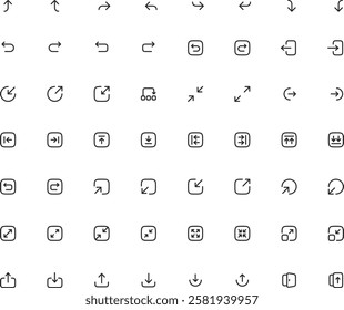 linear arrows icon pack. vector thin line right arrow, minimize, turn right, diagonal arrow, up and down arrows, left and right arrows, log in, refresh arrow icons suitable for apps and websites ui