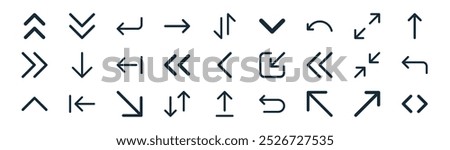 linear arrows icon pack. vector thin line up right arrow, angle down, turn left, expand arrows, angle double small left, turn left, arrow up, and right arrows icons suitable for apps and websites ui