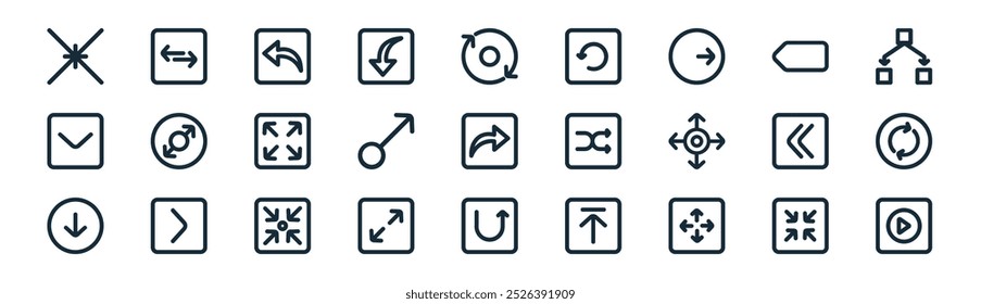 linear arrows set icon pack. vector thin line minimize, horizontal arrow, back, backward, drag, spin, return, play button icons suitable for apps and websites ui designs