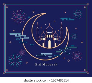 Lineare Kunst der arabischen geometrischen Kunst. Islamische Moschee und Halbmond. Eid Mubarak - Habe einen gesegneten Ramadan.