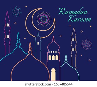 Linear art of Arabic geometric art. Islamic mosque and crescent moon. Ramadan Kareem - Glorious month of Muslim year.