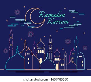 Linear art of Arabic geometric art. Islamic mosque and crescent moon. Ramadan Kareem - Glorious month of Muslim year.