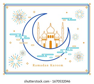 Linear art of Arabic geometric art. Islamic mosque and crescent moon. Eid Mubarak - Have a blessed Ramadan.