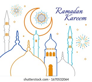 Linear art of Arabic geometric art. Islamic mosque and crescent moon. Ramadan Kareem - Glorious month of Muslim year.