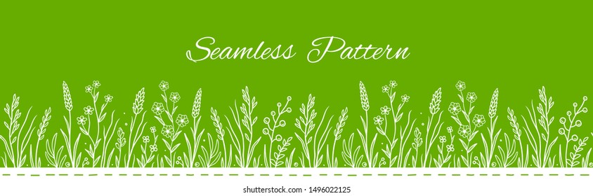 linear art botanic hand drawn seamless pattern with wild herbs leaves and flowers, plants, grass, herbs