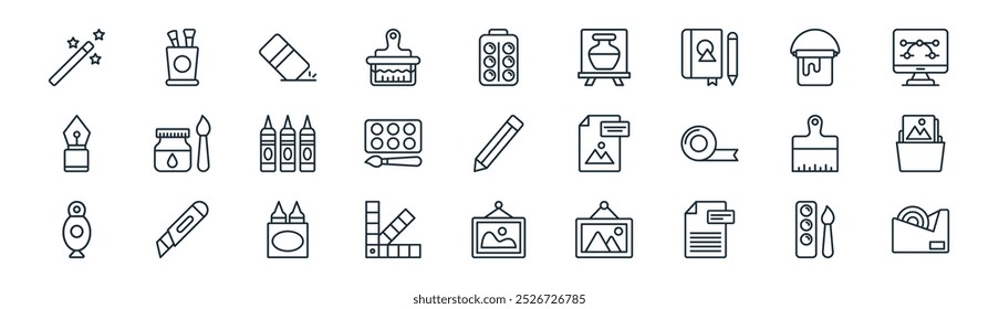 linear art and craft icon pack. vector thin line watercolor, marker, eraser, paint, palette, folder, frame, wrapper icons suitable for apps and websites ui designs