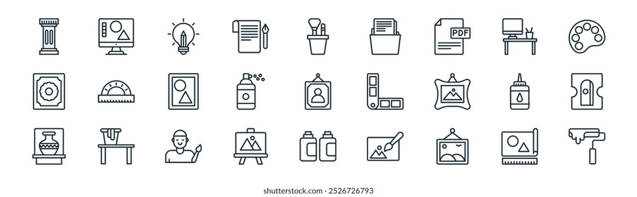 linear art and craft icon pack. vector thin line draw, digital art, creative, painting, paint spray, sharpener, paint bucket, paint roller icons suitable for apps and websites ui designs