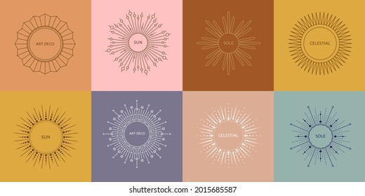 Linear Art Deco Sun Symbols. Boho Modern Minimalist Style Mirror, Frame. Design Elements For Decoration, Logo, Social Media Posts.