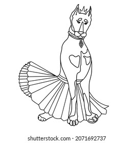Linear art. Doberman in ballet tutu. Dog in crown. Dog girl. Print for T-shirts, notebooks, covers, bags, mugs, postcards, textiles.Black and white vector illustration isolated on white background.