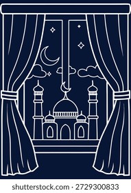 Lineare Kunstzeichnung einer islamischen Moschee in der Nacht, durch ein Fenster mit Vorhängen betrachtet, unter einem Halbmond und Sternen, perfekt für Festivalfeiern.