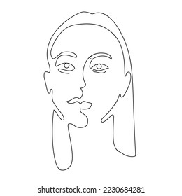 Linear art of the girl's face. Silhouette of a woman. Contour. Model. Portrait. Fashion. One line. Trending vector illustration.