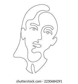 Linear art of the girl's face. Silhouette of a woman. Contour. Model. Portrait. Fashion. One line. Trending vector illustration.