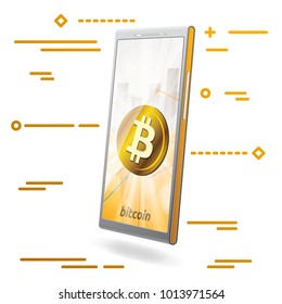 linear art golden bitcoin cryptocurrency in bright rays on background with statistics chart showing various visualization on screen of phone