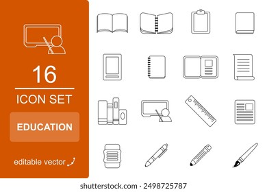 Linear art icon set for education, school, university, classroom, study graphic resources. Book, paper, paint brush, pen, pencil, ruler, eraser, teacher stroke editable EPS vector.