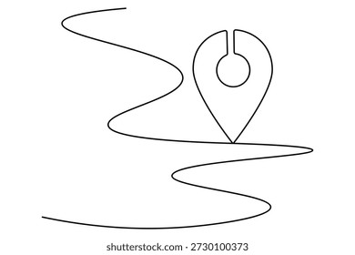 Linear art of a map location icon and winding road line for travel planning and mapping