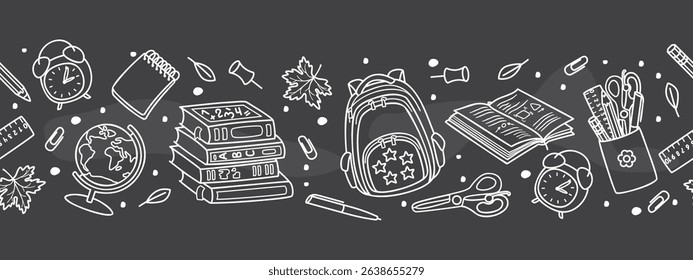 Linear art school supplies border. Black and white seamless pattern with stack of textbooks, open book, notebook, pencil, pen, ruler, backpack, globe, maple leaf, alarm clock, scissors. Graphic design