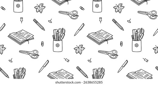 Linear art school supplies seamless pattern on white background. Textbook,  pencil, pen, ruler, maple leaf, push pins, paper clips, scissors. Vector graphic design for printing on paper and fabric.