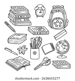 Linear art school supplies set isolated on white background. Stack of textbooks, open book, notebook, pencil, pen, ruler, backpack, globe, maple leaf, alarm clock, scissors. Graphic illustration.