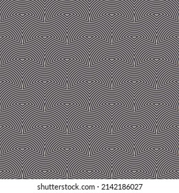 Linear Art Semi Circles Oriental Seamless Pattern Vector Vintage Grey Abstract Background. Decorative Semicircles Thin Lines Elegant Repetitive Wallpaper. Fashionable Lattice Pattern Subtle Texture