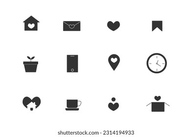 Linear art set of icons for home social networking, heart filled