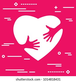 Linear art silhouette of heart with hands, hugging heart, concept of love and care, happy valentine day