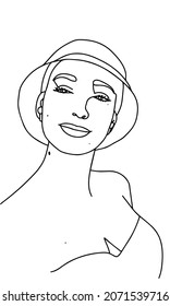 Linear art. Single line outline. The girl in a panama hat and headphones. Woman in a swimsuit. Drawing for print. Black and white vector illustration isolated on white background.