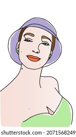 Linear art. Single line outline. The girl in a panama hat and headphones. Woman in a swimsuit. Drawing for print. Vector color illustration isolated on white background.