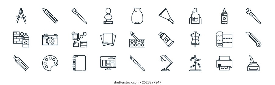 linear art studio icon pack. vector thin line printer, crayon, paint brush, paint, color sample, cutter, cutter, ink icons suitable for apps and websites ui designs