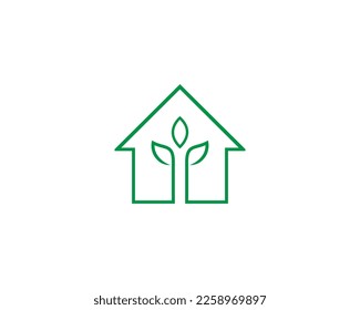 Linear Art Style Houses and Plants Green Leaf Logo Design Simple Vector illustration.