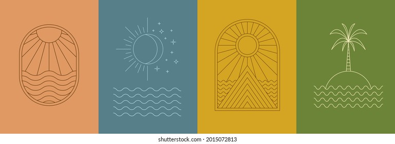 Linear art  sun, moon, sea, island mountain, palm. Boho modern minimalist style landscape. Design elements for decoration, logo, social media posts.