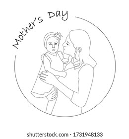 
ilustración de un vector de arte lineal en un fondo blanco mamá sostiene a su hija en los brazos, inscripción Día de la madre