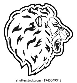 Arte lineal Mascota de la cabeza del león salvaje sobre fondo blanco
