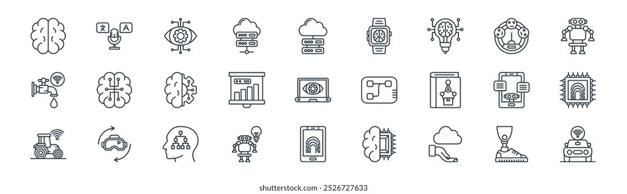 pacote de ícone de inteligência artificial linear. vetor de prótese de linha fina, tradutor, olho, emoções, análise, identificação, biometria, ícones de piloto automático adequados para aplicativos e sites