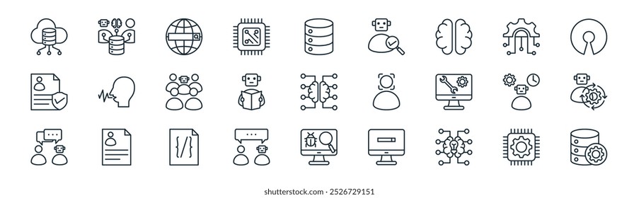 pacote de ícone de inteligência artificial linear. configuração de linha fina vetorial, big data, motor de busca na web, tecnologia, hine learning, automatizado, localização de bugs, ícones de processamento de dados adequados para aplicativos e