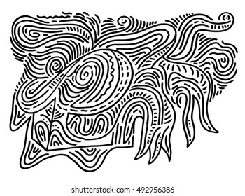 Linear artistic artwork. Black and white decorative pattern. Surreal art