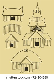 Linear arts with wooden vikings buildings.