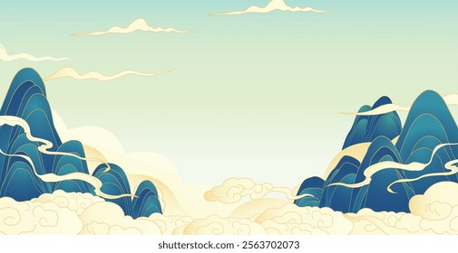 Linear asian oriental style cloud and mountain background