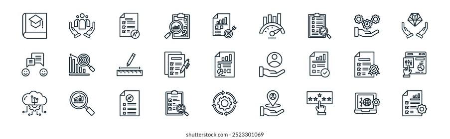 linear assessment icon pack. vector thin line system, community, score, time management, exam, adjustment, process, planning icons suitable for apps and websites ui designs