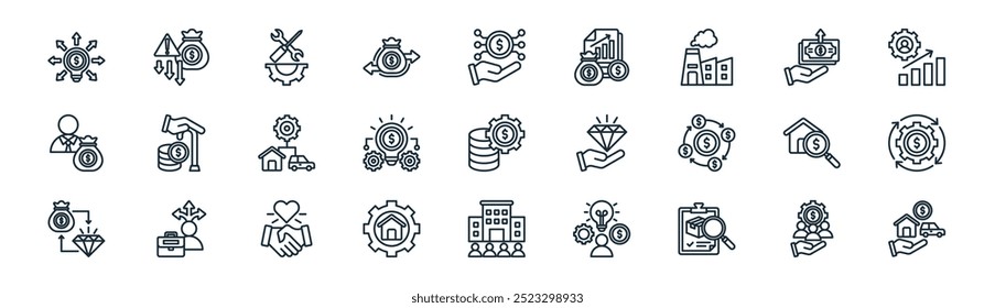 Vector de capital humano de línea delgada, depreciación, mantenimiento, gasto de dinero, sistema, economía circular, Empresa, como iconos adecuados para App y Sitios web Diseños de interfaz de usuario