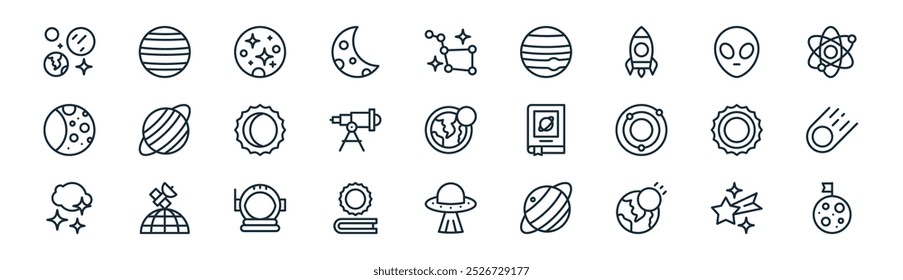 Vector delgada línea caída de la estrella, Venus, Mercurio, Extraterrestre, Telescopio, Meteoro, OVNI, Planeta iconos adecuados para App y Sitios web UI diseños