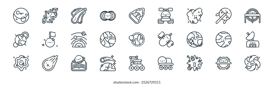 linear astronomy icon pack. vector thin line black hole, milky way, comet, sputnik, solar system, satellite dish, explorer, galaxy icons suitable for apps and websites ui designs